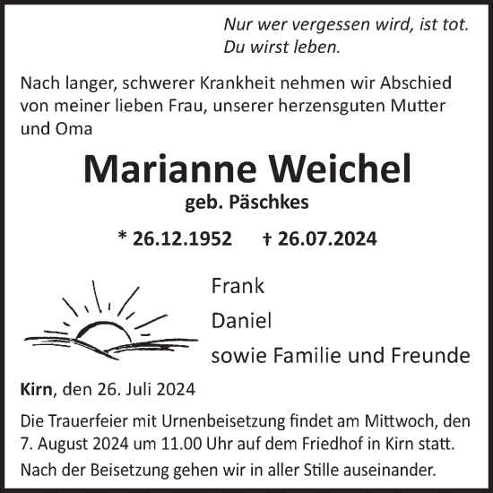 Traueranzeige von Marianne Weichel von WochenSpiegel