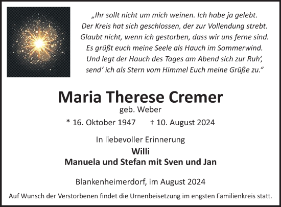 Traueranzeige von Maria Therese Cremer von WochenSpiegel