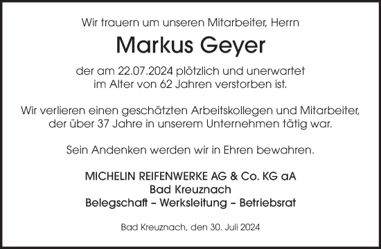 Traueranzeige von Markus Geyer von WochenSpiegel