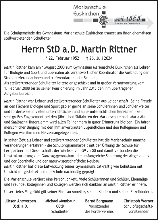 Traueranzeige von Martin Rittner von WochenSpiegel
