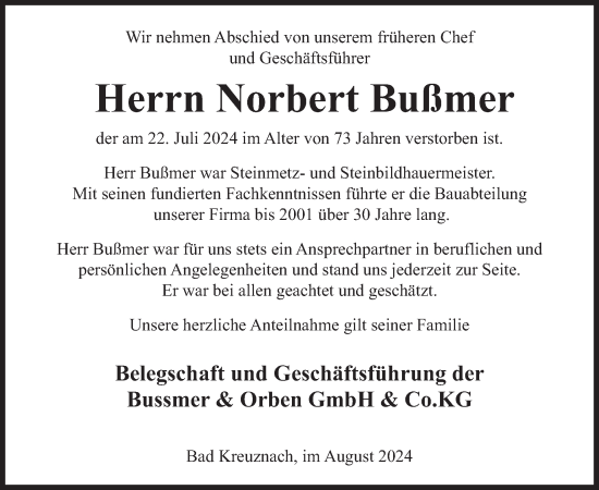 Traueranzeige von Norbert Bußmer von WochenSpiegel