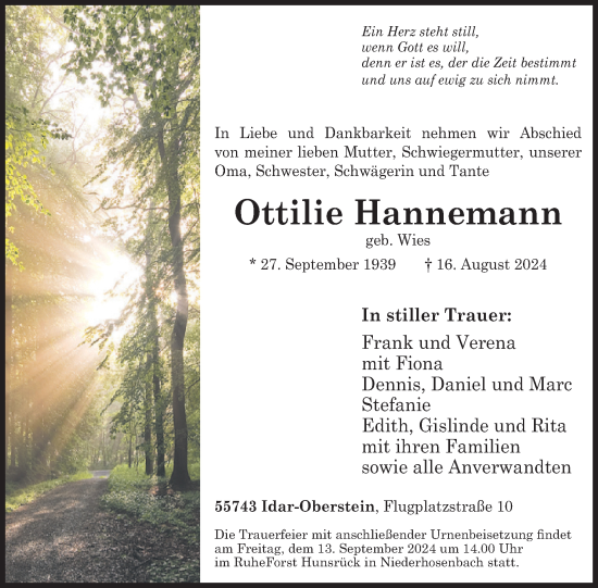 Traueranzeige von Ottilie Hannemann von WochenSpiegel