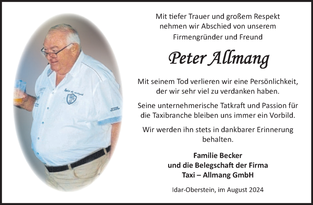  Traueranzeige für Peter Allmang vom 03.08.2024 aus WochenSpiegel