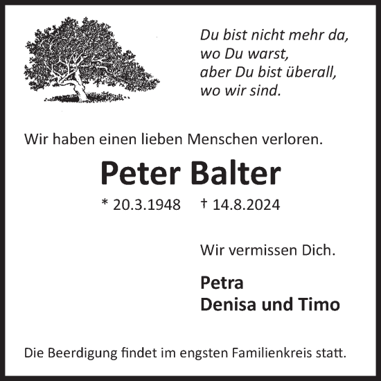 Traueranzeige von Peter Balter von WochenSpiegel