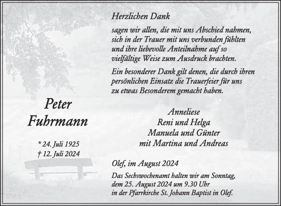 Traueranzeige von Peter Fuhrmann von WochenSpiegel