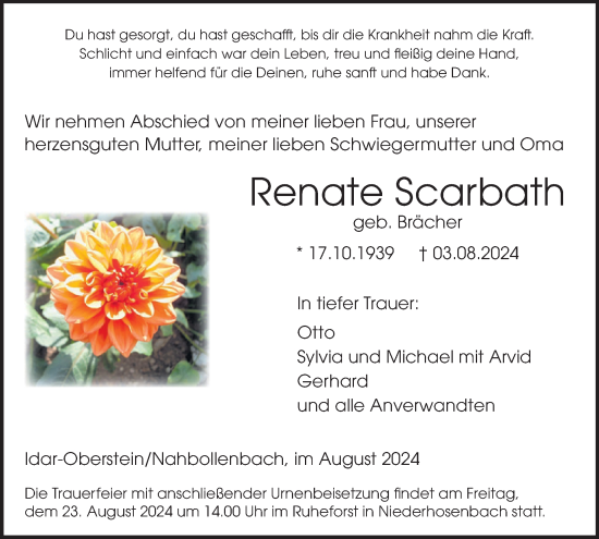 Traueranzeige von Renate Scarbath von WochenSpiegel