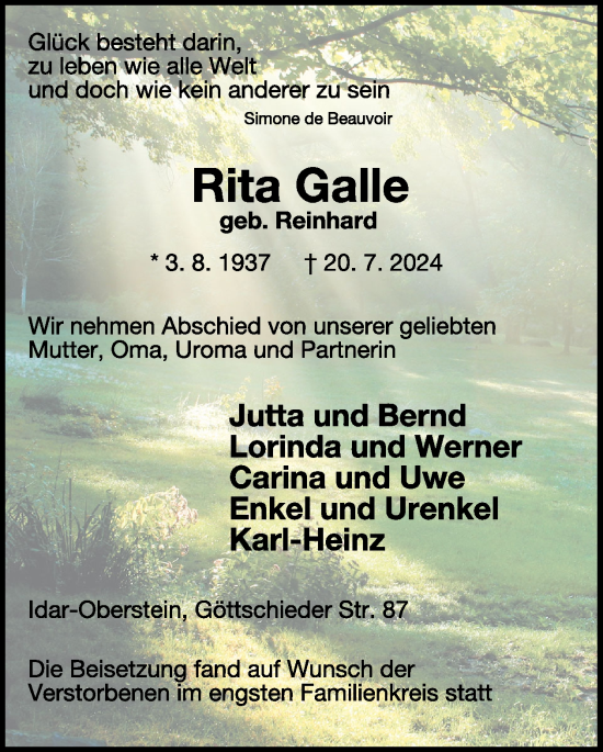 Traueranzeige von Rita Galle von WochenSpiegel