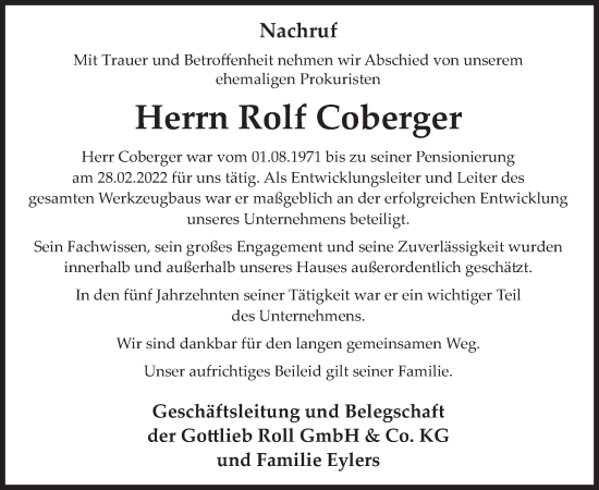 Traueranzeige von Rolf Coberger von WochenSpiegel