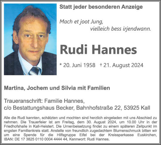 Traueranzeige von Rudi Hannes von WochenSpiegel