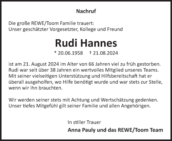 Traueranzeige von Rudi Hannes von WochenSpiegel