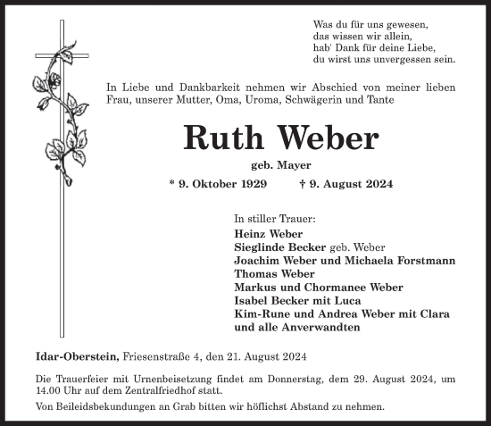 Traueranzeige von Ruth Weber von WochenSpiegel