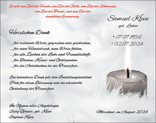Traueranzeige von Samuel Klein von WochenSpiegel