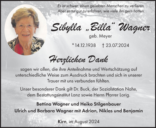 Traueranzeige von Sibylla Wagner von WochenSpiegel