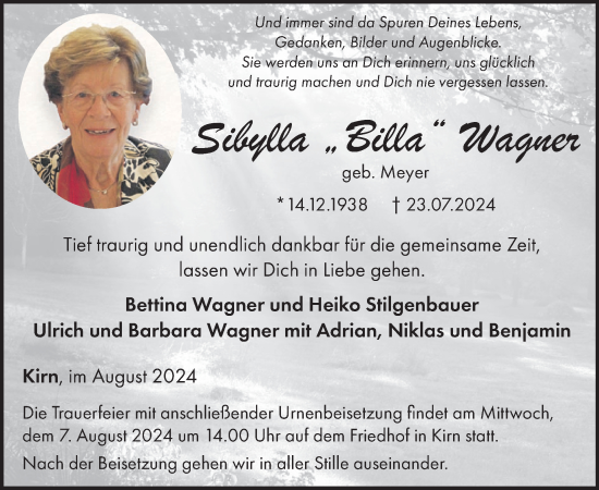 Traueranzeige von Sibylla Wagner von WochenSpiegel