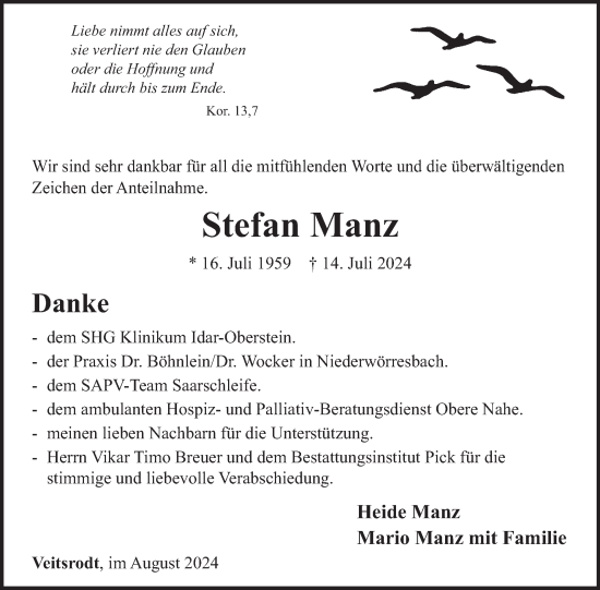 Traueranzeige von Stefan Manz von WochenSpiegel