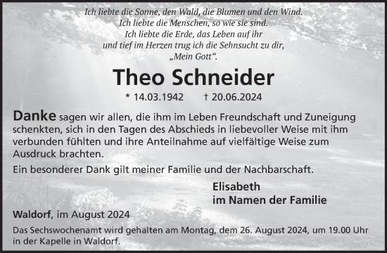 Traueranzeige von Theo Schneider von WochenSpiegel