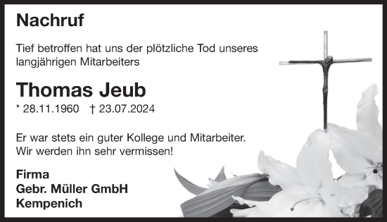 Traueranzeige von Thomas Jeub von WochenSpiegel