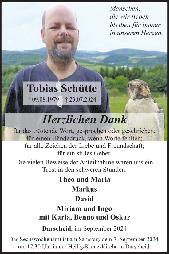 Traueranzeige von Tobias Schütte von WochenSpiegel