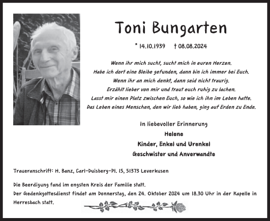 Traueranzeige von Toni Bungarten von WochenSpiegel