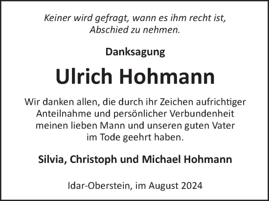 Traueranzeige von Ulrich Hohmann von WochenSpiegel