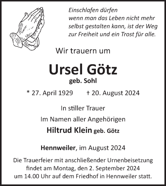 Traueranzeige von Ursel Götz von WochenSpiegel
