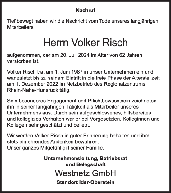 Traueranzeige von Volker Risch von WochenSpiegel