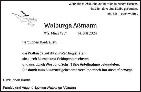 Traueranzeige von Walburga Aßmann von WochenSpiegel