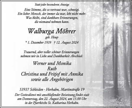 Traueranzeige von Walburga Möhrer von WochenSpiegel