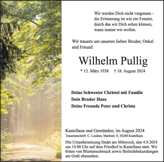 Traueranzeige von Wilhelm Pullig von WochenSpiegel