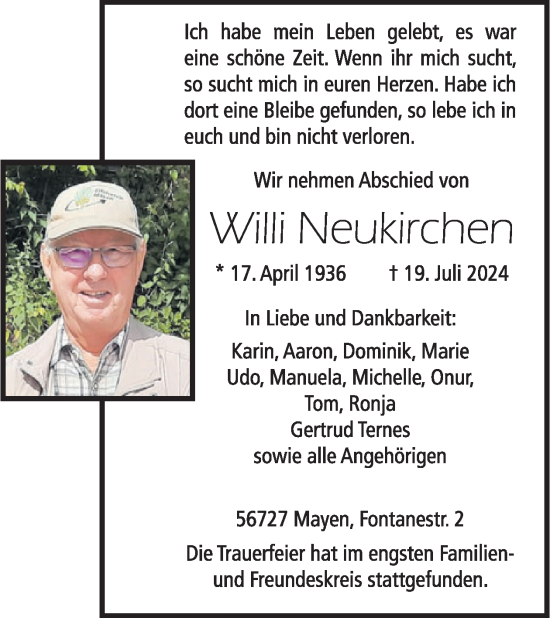 Traueranzeige von Willi Neukirchen von WochenSpiegel