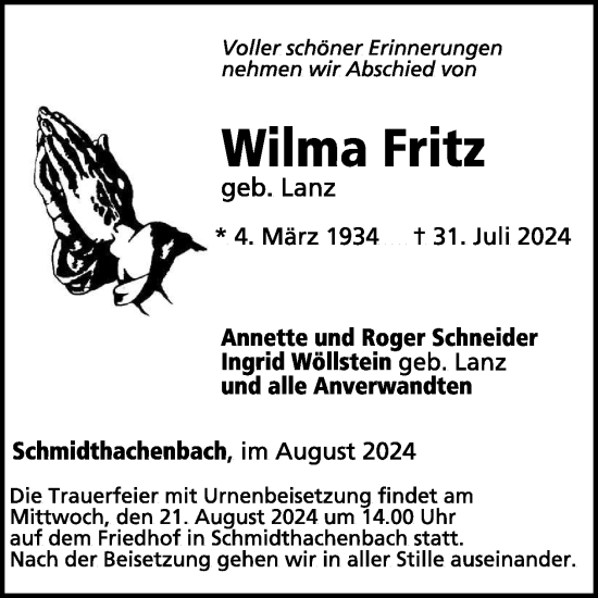 Traueranzeige von Wilma Fritz von WochenSpiegel