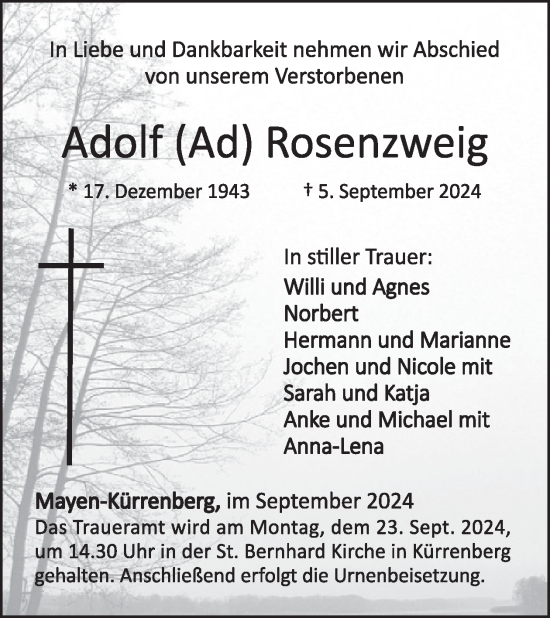 Traueranzeige von Adolf Rosenzweig von WochenSpiegel