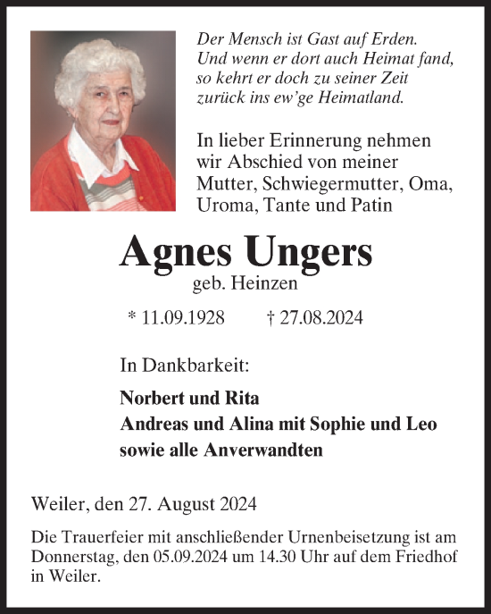 Traueranzeige von Agnes Ungers von WochenSpiegel