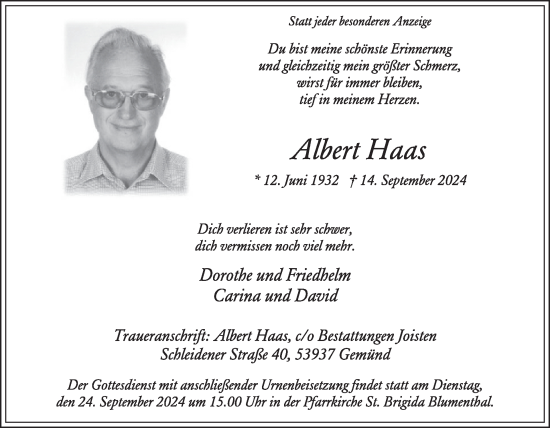 Traueranzeige von Albert Haas von WochenSpiegel