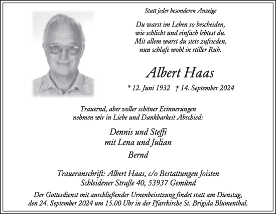 Traueranzeige von Albert Haas von WochenSpiegel