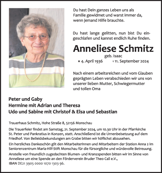 Traueranzeige von Anneliese Schmitz von WochenSpiegel