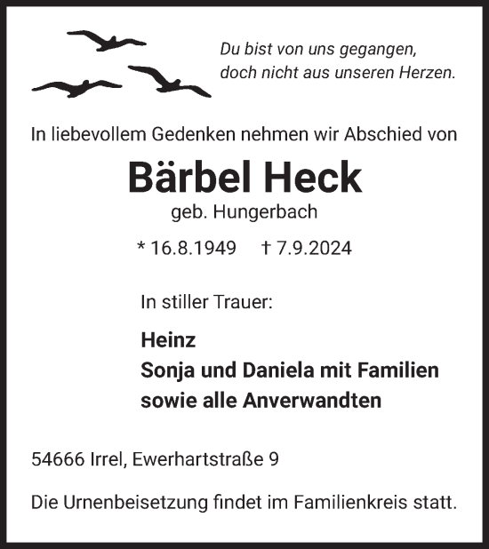Traueranzeige von Bärbel Heck von WochenSpiegel
