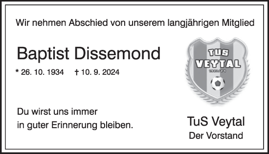 Traueranzeige von Baptist Dissemond von WochenSpiegel