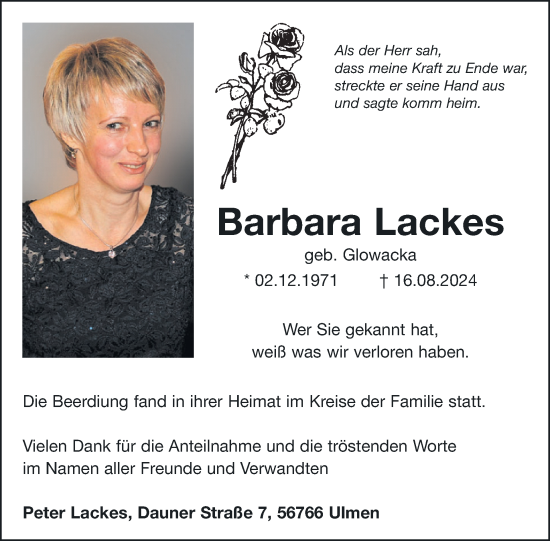 Traueranzeige von Barbara Lackes von WochenSpiegel
