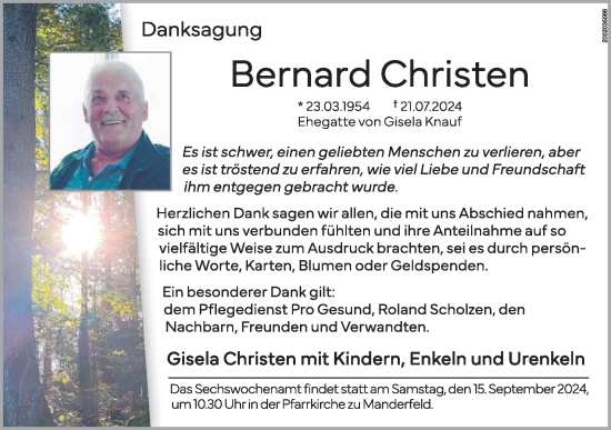 Traueranzeige von Bernard Christen von WochenSpiegel