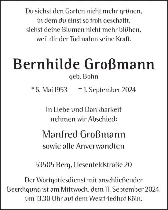 Traueranzeige von Bernhilde Großmann von WochenSpiegel