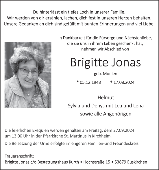Traueranzeige von Brigitte Jonas von WochenSpiegel