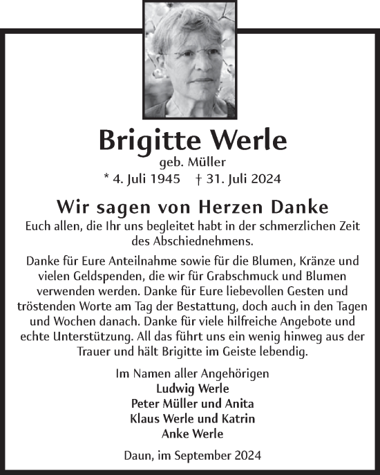 Traueranzeige von Brigitte Werle von WochenSpiegel