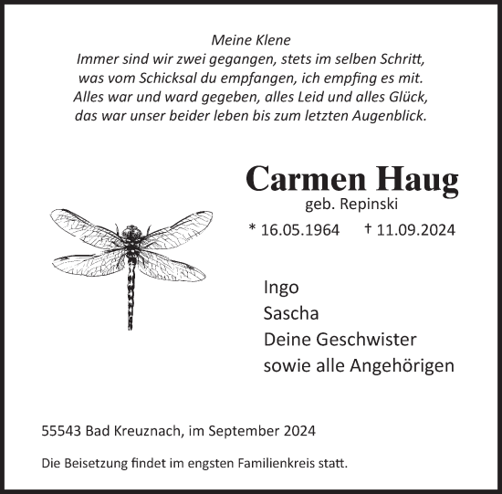 Traueranzeige von Carmen Haug von WochenSpiegel