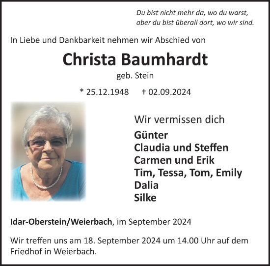 Traueranzeige von Christa Baumhardt von WochenSpiegel