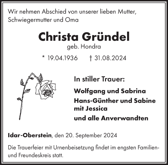 Traueranzeige von Christa Gründel von WochenSpiegel