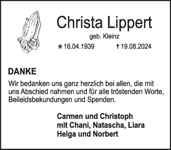 Traueranzeige von Christa Lippert von WochenSpiegel