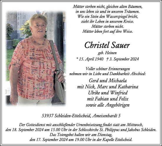 Traueranzeige von Christel Sauer von WochenSpiegel