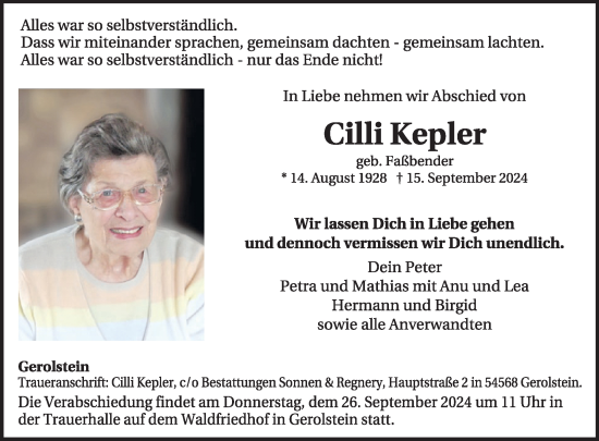 Traueranzeige von Cilli Kepler von WochenSpiegel