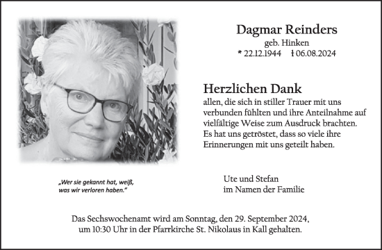 Traueranzeige von Dagmar Reinders von WochenSpiegel